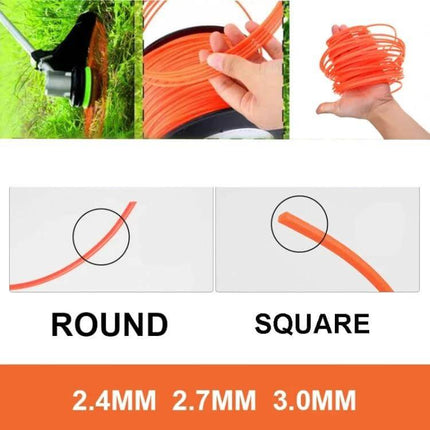 Line Shaft Grass Rope Nylon Cutting Rope 2.4mm Round orange trimmer line coil showing round vs square cross-sections and 2.4mm 2.7mm 3.0mm sizes