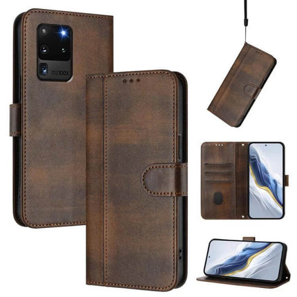 Line Splicing Buckle Retro Leather Phone Case For Galaxy S Series brown retro PU leather wallet case with card slots, TPU corner protection, kickstand