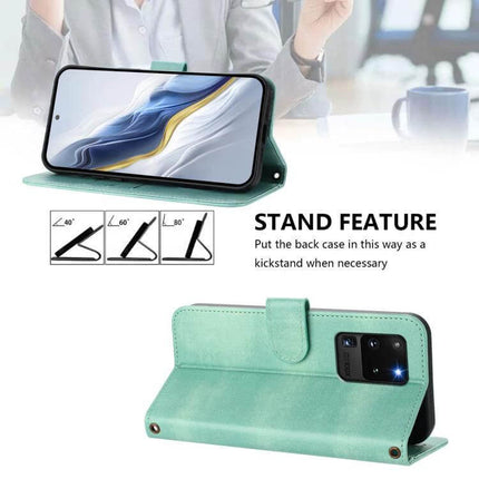 Line Splicing Buckle Retro Leather Phone Case For Galaxy S Series shown in teal with kickstand, TPU corner protection and card slot for daily use