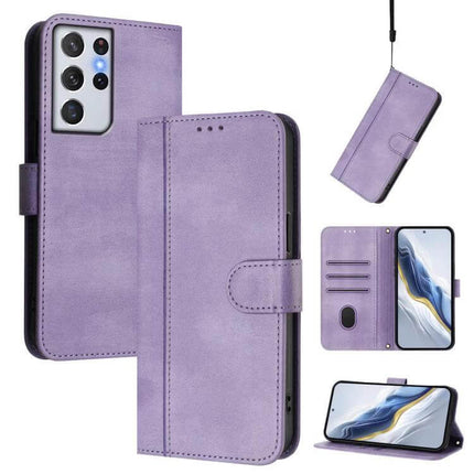 Line Splicing Buckle Retro Leather Phone Case Wallet For Galaxy S21 in purple with card slots, kickstand, TPU frame and PU leather wallet design