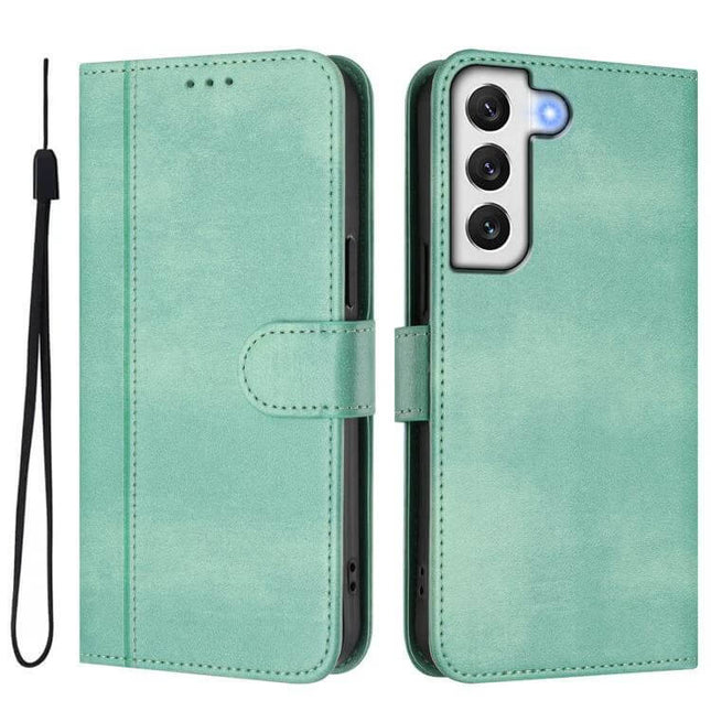 Line Splicing Buckle Retro Leather Phone Case Wallet For Galaxy S21 mint green wallet-style case with kickstand, card slots, TPU frame and wrist strap