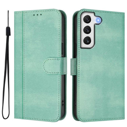 Line Splicing Buckle Retro Leather Wallet Case For Samsung Galaxy in mint green with card slots, cash pocket and wrist strap