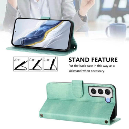 Line Splicing Buckle Retro Leather Wallet Case For Samsung Galaxy shown in mint with card slots and kickstand viewing angles