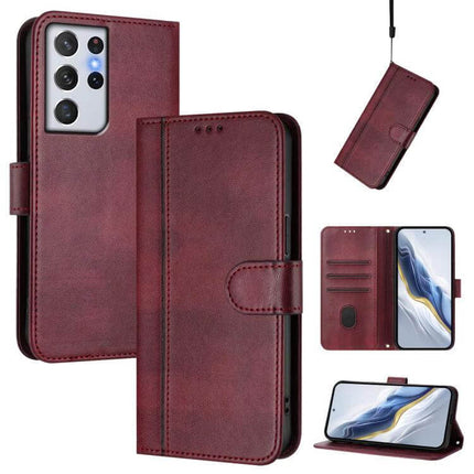 Line Splicing Buckle Retro Leather Phone Case Wallet For Galaxy S21 burgundy wallet case with card slots, kickstand and magnetic buckle