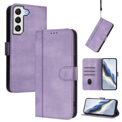 Line Splicing Buckle Retro Leather Phone Case Wallet For Galaxy S21 in purple with card slots, kickstand, TPU frame and PU leather wallet cover