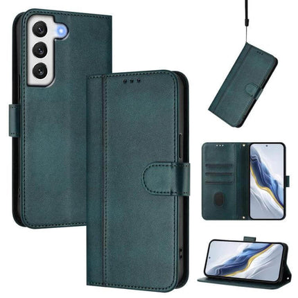 Line Splicing Buckle Retro Leather Phone Case Wallet For Galaxy S21 in teal with card slots, kickstand, wrist strap and TPU frame for protection
