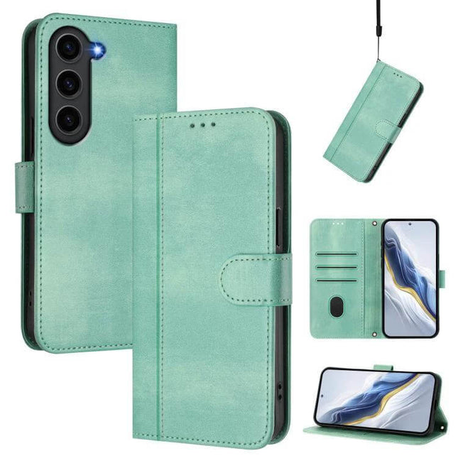 Line Splicing Buckle Retro Leather Wallet Phone Case in mint green showing wallet slots, magnetic buckle, wrist strap, and stand feature