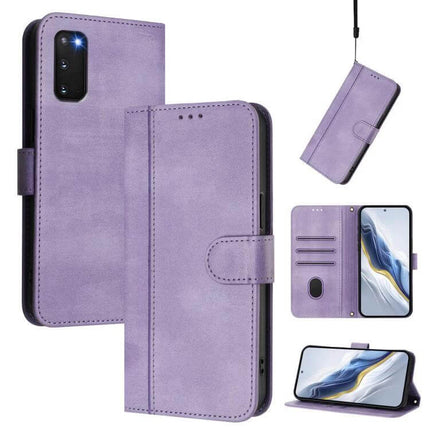 Line Splicing Buckle Retro Leather Wallet Phone Case in purple with card slots, magnetic buckle, TPU inner shell and stand function