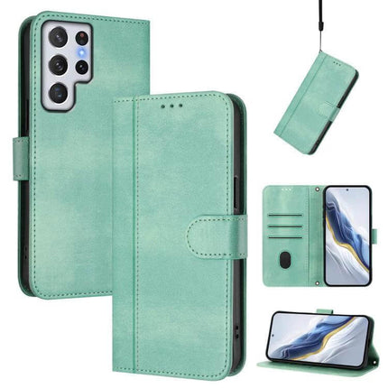 Line Splicing Buckle Retro Leather Wallet Phone Case in mint green showing wallet slots, card pockets, stand function and camera cutout
