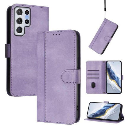 Line Splicing Buckle Retro Leather Wallet Phone Case in purple with TPU inner shell, card slots, magnetic buckle and stand function