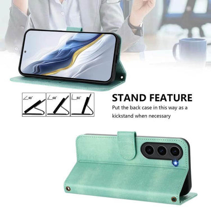 Line Splicing Buckle Retro Leather Wallet Phone Case shown in mint green with kickstand, card slots and TPU+PU leather protection for travel and everyday use