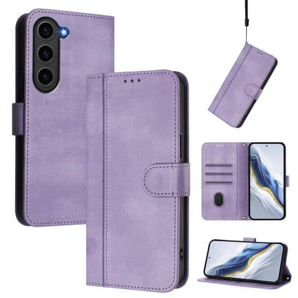 Line Splicing Buckle Retro Leather Wallet Phone Case in purple with card slots, magnetic clasp, wrist strap and kickstand for hands-free viewing