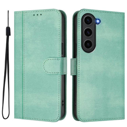 Alt Tag: Line Splicing Buckle Retro Leather Wallet Phone Case in mint green with magnetic clasp, card slots and wrist strap