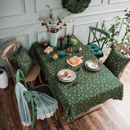 Linen Cotton Christmas Tablecloth Rectangular 140x300 cm on a green printed festive dining table with holiday decor