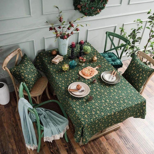 Linen Cotton Christmas Tablecloth Rectangular 140x300 cm on a green printed festive dining table with holiday decor