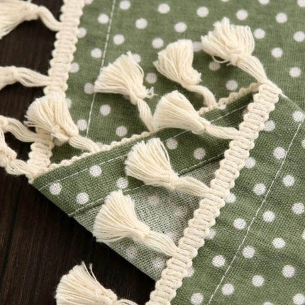 Linen Dining Tablecloth 120x160cm for Home Dining Use — green polka dot linen with tassel trim close-up
