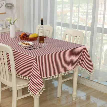 Linen Dining Tablecloth 120x160cm for Home Dining Use - red striped linen tablecloth on rectangular table with tassel trim, set for casual dining