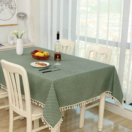 Cotton Dining Tablecloth For Home And Events, 60x90cm / 100x140cm / 140x140cm on green polka dot linen table with chairs and window light
