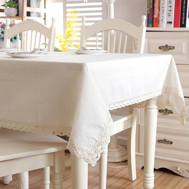 Linen Cotton Thickened Tablecloth Coffee 120x160cm For Wedding Banquet - coffee lace-trim tablecloth on white dining table, ideal for weddings and banquets