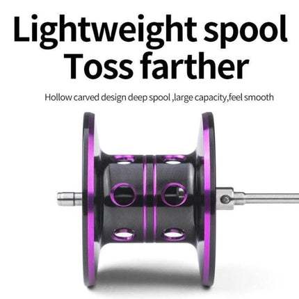 LinnHue Durable Fishing Reel For Everyday Use Left-Handed lightweight purple aluminum spool showing hollow-carved deep design and large capacity