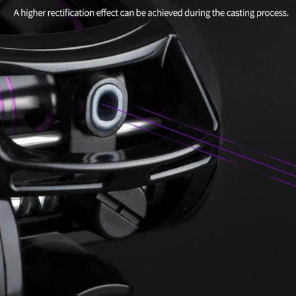 LinnHue Durable Fishing Reel For Everyday Use Left-Handed close-up showing line guide and 25-speed magnetic brake for smooth casting