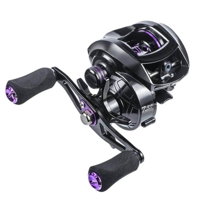 LinnHue Durable Fishing Reel For Everyday Use Left-Handed black and purple baitcasting reel with 25-speed magnetic brake and 8.0 kg drag