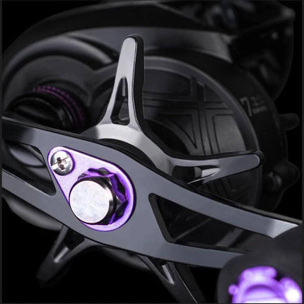 LinnHue Durable Fishing Reel For Everyday Use Left-Handed close-up of black and purple baitcasting reel handle and magnetic brake components