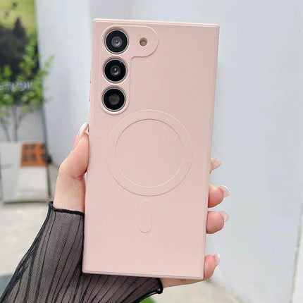 Liquid Silicone MagSafe Case For Samsung Galaxy Phone in soft pink showing MagSafe ring and precise camera cutouts, smooth grip and durable protection