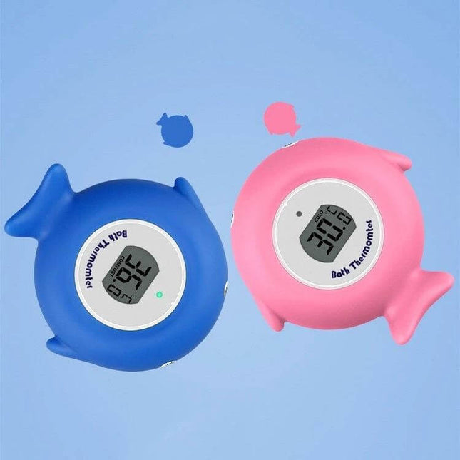 Little Fish Baby Bath Thermometer Two Pack For Tub And Pool showing blue and pink fish-shaped digital thermometers with easy-read displays