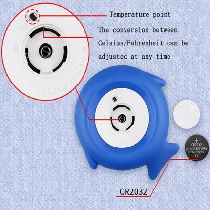 Little Fish Baby Bath Thermometer Two Pack For Tub And Pool showing blue fish thermometer back, CR2032 battery compartment and temperature conversion point, button-free design