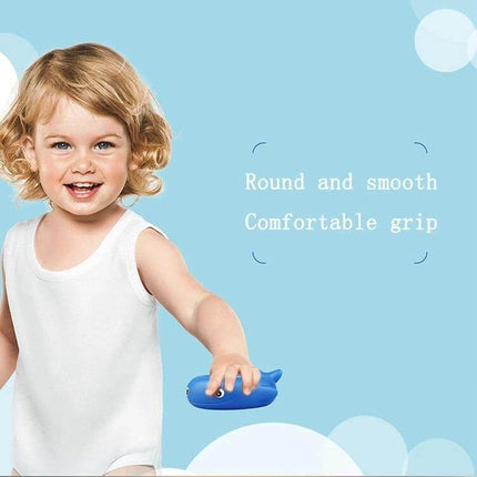 Little Fish Baby Bath Thermometer Two Pack For Tub And Pool toddler holding blue fish thermometer showing comfortable grip and round smooth design