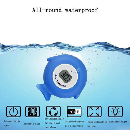 Little Fish Baby Bath Thermometer Two Pack For Tub And Pool - blue waterproof fish-shaped digital thermometer showing 37.0°C display