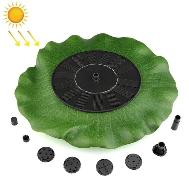Alt Tag: Lotus Leaf Solar Fountain 28cm Outdoor Garden Decor green lotus leaf solar pump with interchangeable nozzles for ponds and bird baths