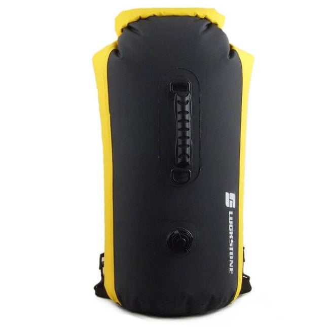 Luckstone 60L Waterproof Outdoor Backpack For Rafting - black/yellow dry-bag style pack with roll-top closure and front handle, 60L capacity