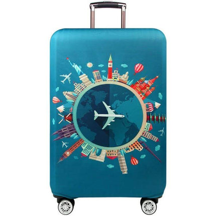 Luggage Protection Cover Elastic for Travel and Dust Prevention turquoise suitcase cover with world map and airplane graphic, stretchy polyester spandex fit