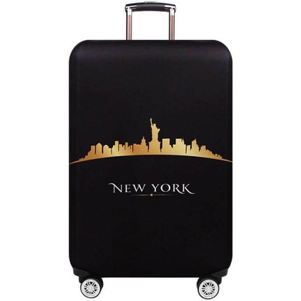 Luggage Protection Cover Elastic for Travel and Dust Prevention - black stretchy polyester spandex suitcase cover with gold New York skyline and invisible side zipper