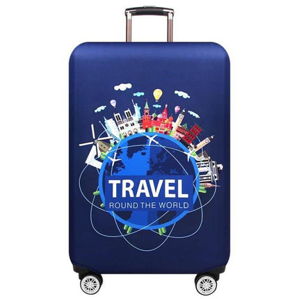 Luggage Protective Cover Thickened Elastic Dust Guard M Size fitted on blue travel suitcase with world graphic and side zipper opening