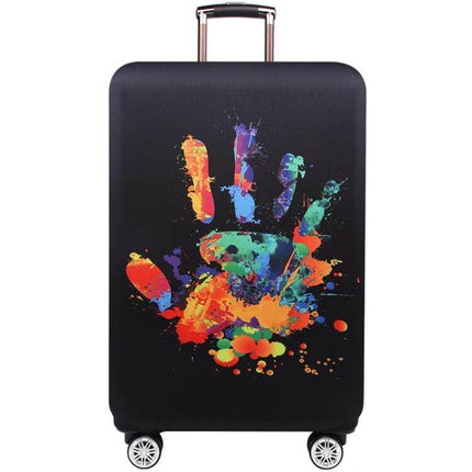 Luggage Protective Cover Thickened Elastic Dust Guard M Size – black cover with colorful paint handprint design for 22–24 inch suitcase