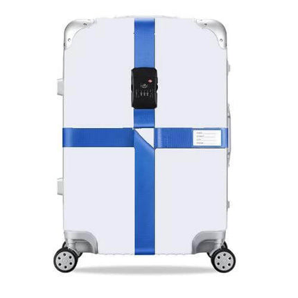 Luggage Reinforcement Straps With Combination Lock Rainbow on white hard-shell suitcase blue strap prevents openings and adds ID visibility