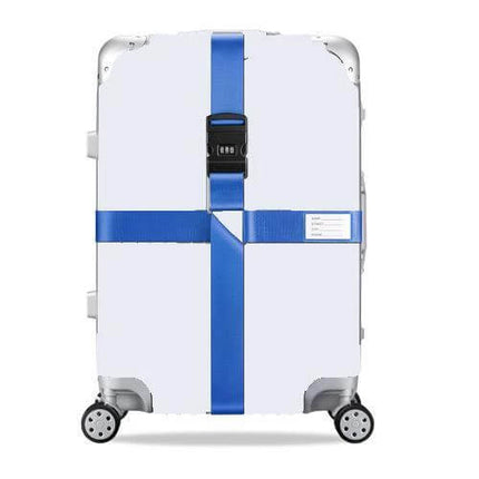 Luggage Reinforcement Straps With Combination Lock Rainbow - durable blue cross strap securing white suitcase with combination lock