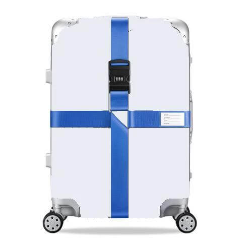 Luggage Reinforcement Straps With Combination Lock Rainbow - durable blue cross strap securing white suitcase with combination lock
