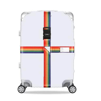 Luggage Reinforcement Straps With Combination Lock Rainbow securing white hard-shell suitcase with cross rainbow strap and combination lock