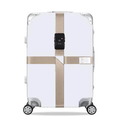 Luggage Reinforcement Straps With Combination Lock Rainbow beige cross strap on white spinner suitcase with built-in combination lock