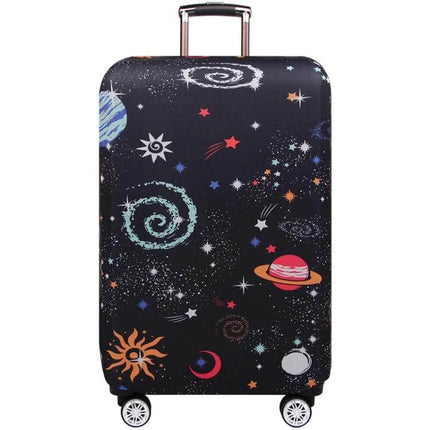 Luggage Thickening Wear Resistant Cover For Travel Size S on black space-print suitcase showing planets, stars and swirls for scuff-resistant protection