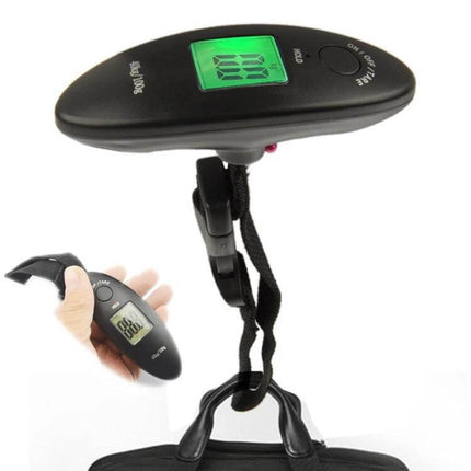 Luggage Weight Scale For Travel 40kg Capacity Easy To Use portable black digital luggage scale with blue-backlit LCD showing weight and strap attached to suitcase