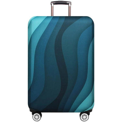 Luggage Protection Cover Elastic for Travel and Dust Prevention on teal wave-pattern suitcase with stretch polyester spandex and side zipper, breathable fit