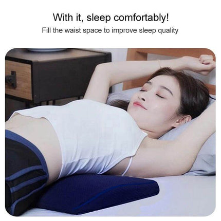 Lumbar Support Pillow For Sleep During Pregnancy Blue placed under waist of pregnant woman lying on bed to support lumbar spine