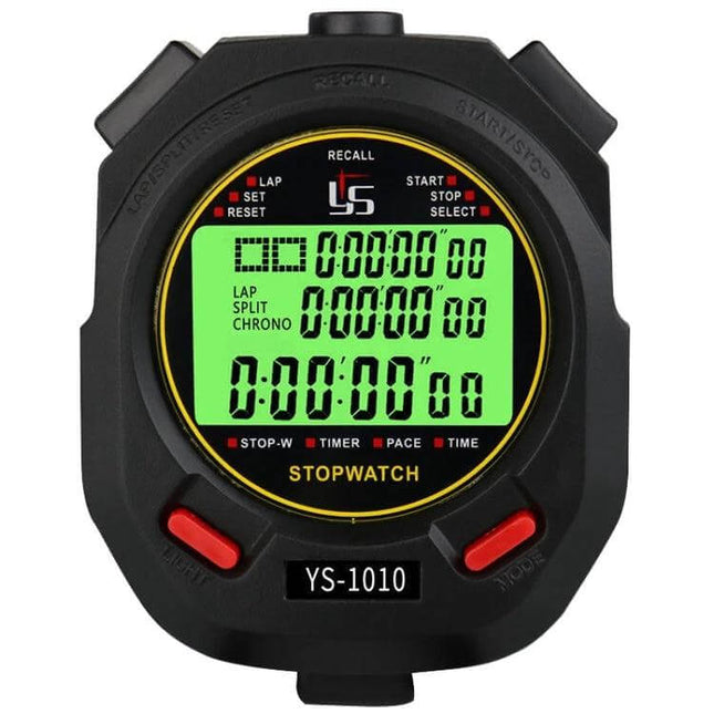 Luminous 3-Row Stopwatch For Training And Referee Timing – black ABS stopwatch with luminous three-row display, lap/split and timer functions