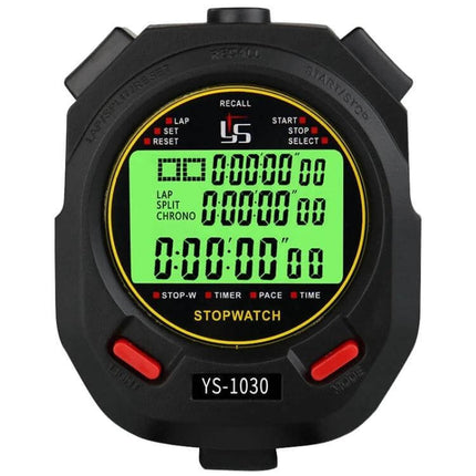 Luminous 3-Row Stopwatch For Training And Referee Timing compact ABS stopwatch with luminous three-row display showing lap split chrono and large digits