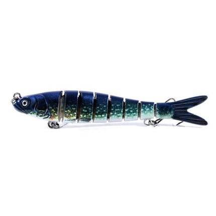Luya Knotty Fish Plastic Bionic Hard Bait for Sea Fishing - 13.7cm segmented blue-green sinking saltwater lure with 3D eyes and treble hooks